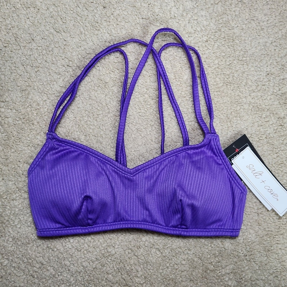 Salt Cove Ultra Violet Ribbed Bralette Bikini Top Crisscross Strap Swimsuit Sz S